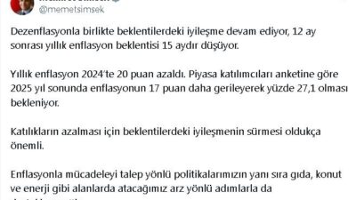 Bakan Şimşek: Enflasyon Beklentileri 15 Aydır Düşüşte