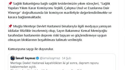 Sağlık Bakanlığı’ndan Muğla Menteşe Devlet Hastanesi Yıkım Süreci Açıklaması