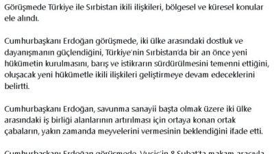 Cumhurbaşkanı Erdoğan, Sırbistan Cumhurbaşkanı Vucic