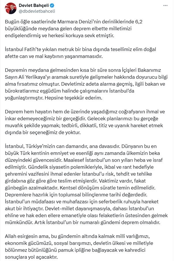 Bahçeli: ‘İstanbul’un Bir Numaralı Gündemi Deprem Olmalı’