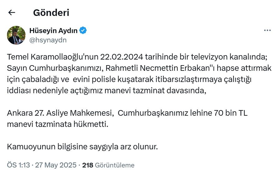 Temel Karamollaoğlu, Cumhurbaşkanı Erdoğan’a 70 Bin TL Tazminat Ödeyecek