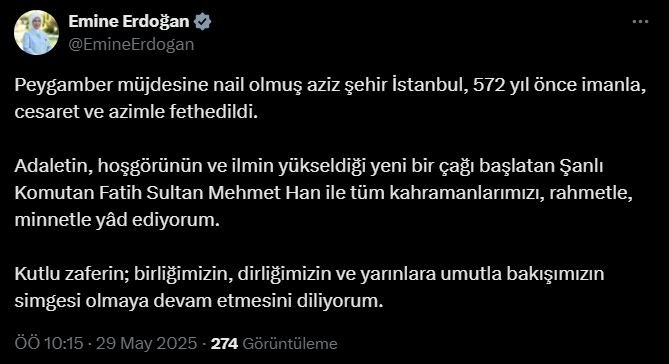 Emine Erdoğan, İstanbul'un fethinin