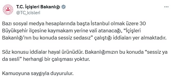 İçişleri Bakanlığı, büyükşehir ilçelerine