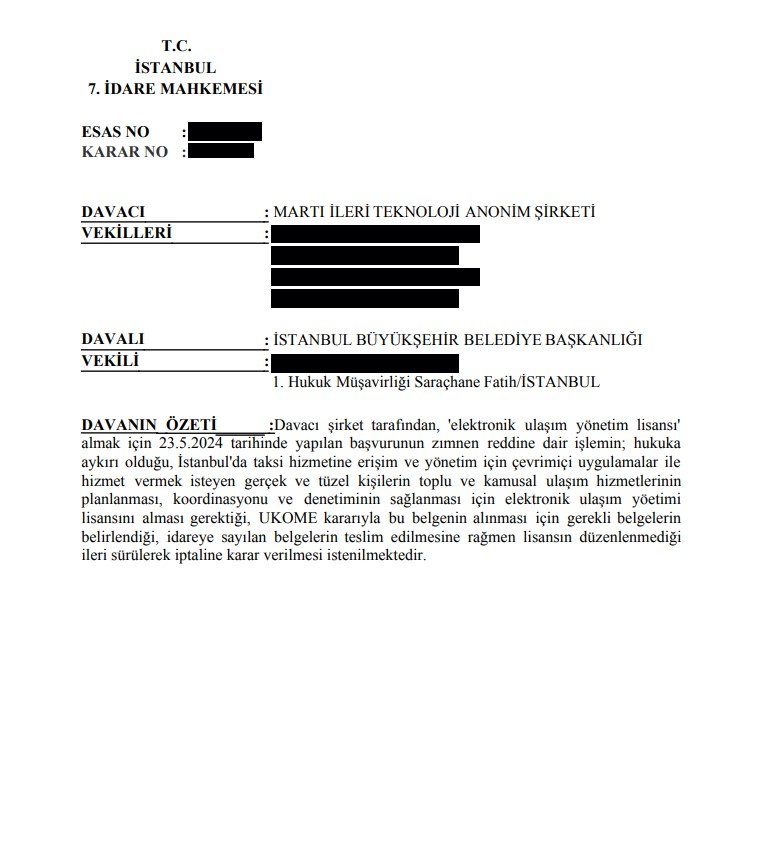 Martı, Mahkeme Kararıyla E-Ulaşım Lisansını Aldı İstanbul 7'nci İdare Mahkemesi,