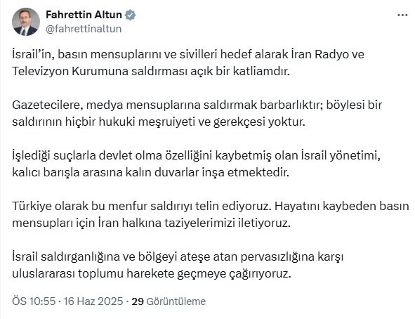 Fahrettin Altun: İsrail’in İran Radyo ve Televizyon Kurumu’na Saldırısı Açık Bir Katliamdır