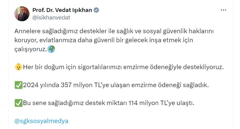 Bakan Vedat Işıkhan: 2024’te 357 Milyon TL Emzirme Ödeneği Sağladık