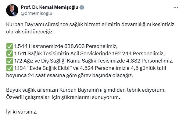 Sağlık Bakanı Memişoğlu: Kurban Bayramı’nda Sağlık Hizmetleri Kesintisiz Devam Edecek