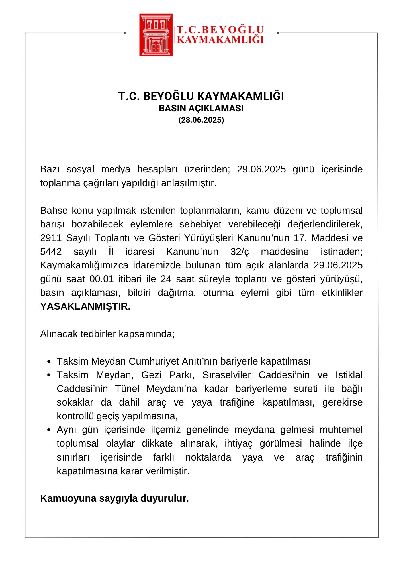 Beyoğlu Kaymakamlığı, ilçe genelinde