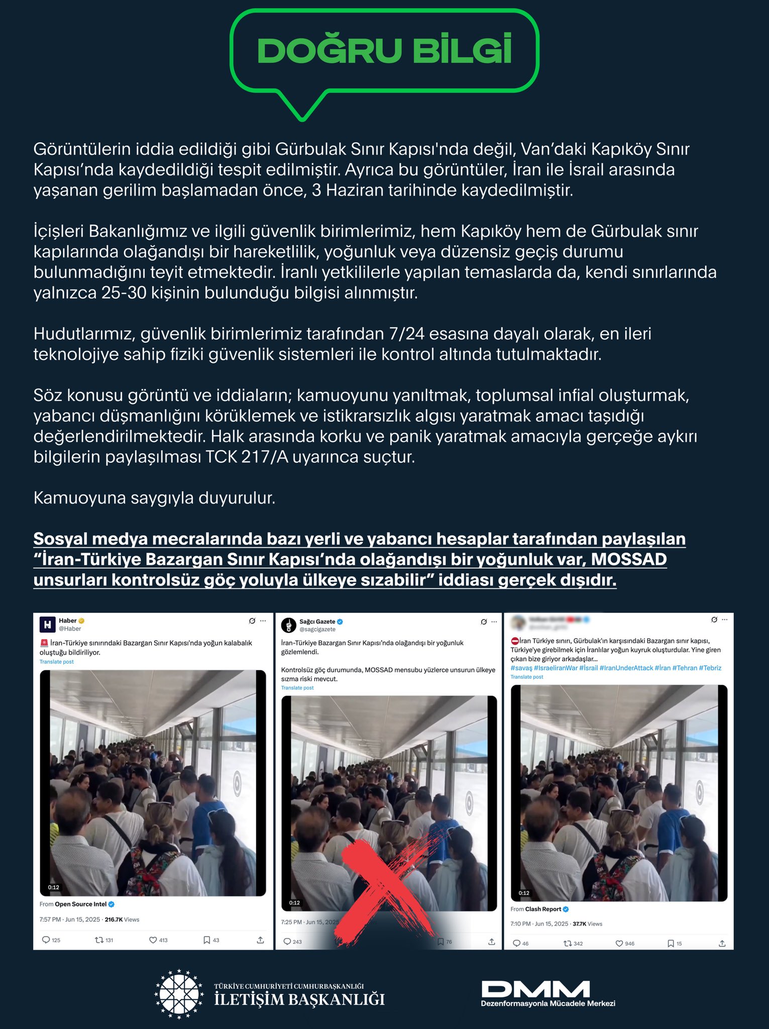 DMM: Sınırlarımız 7/24 Kontrol Altında, MOSSAD Unsurlarının Sızma İddiası Gerçek Dışı