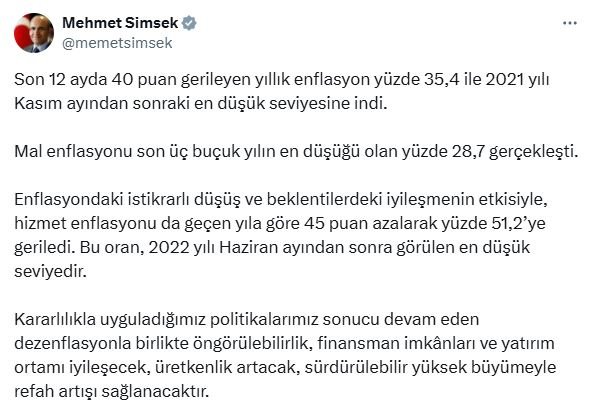 Bakan Şimşek: Enflasyon 2021 Kasım Ayından Beri En Düşük Seviyede