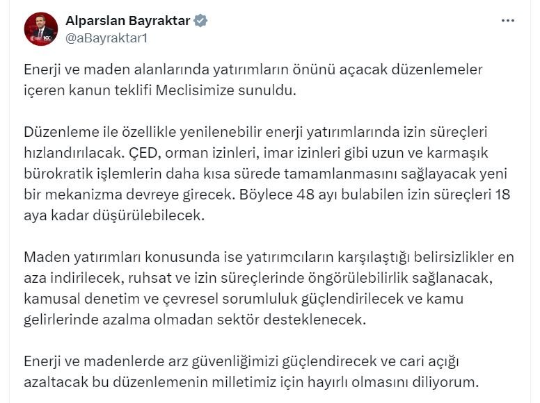 Enerji ve Maden Yatırımlarını Hızlandıracak Kanun Teklifi TBMM’de