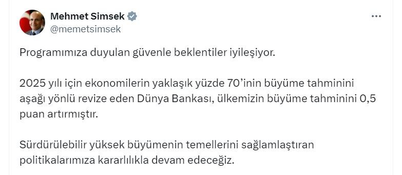 Bakan Şimşek: Büyüme Tahminlerindeki Artış Ekonomik Programımızın Başarısını Gösteriyor