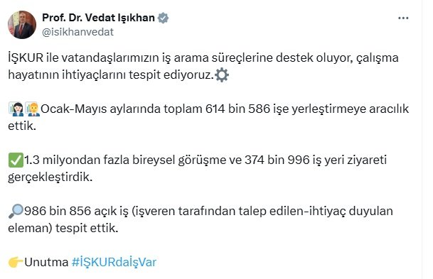 Bakan Vedat Işıkhan: İŞKUR ile 614 Bin 586 Kişiyi İşe Yerleştirdik