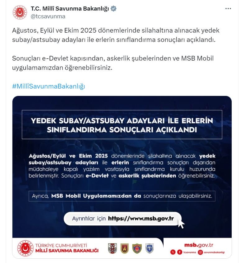 MSB, Ağustos-Ekim 2025 Dönemi Askerlik Sınıflandırma Sonuçlarını Açıkladı