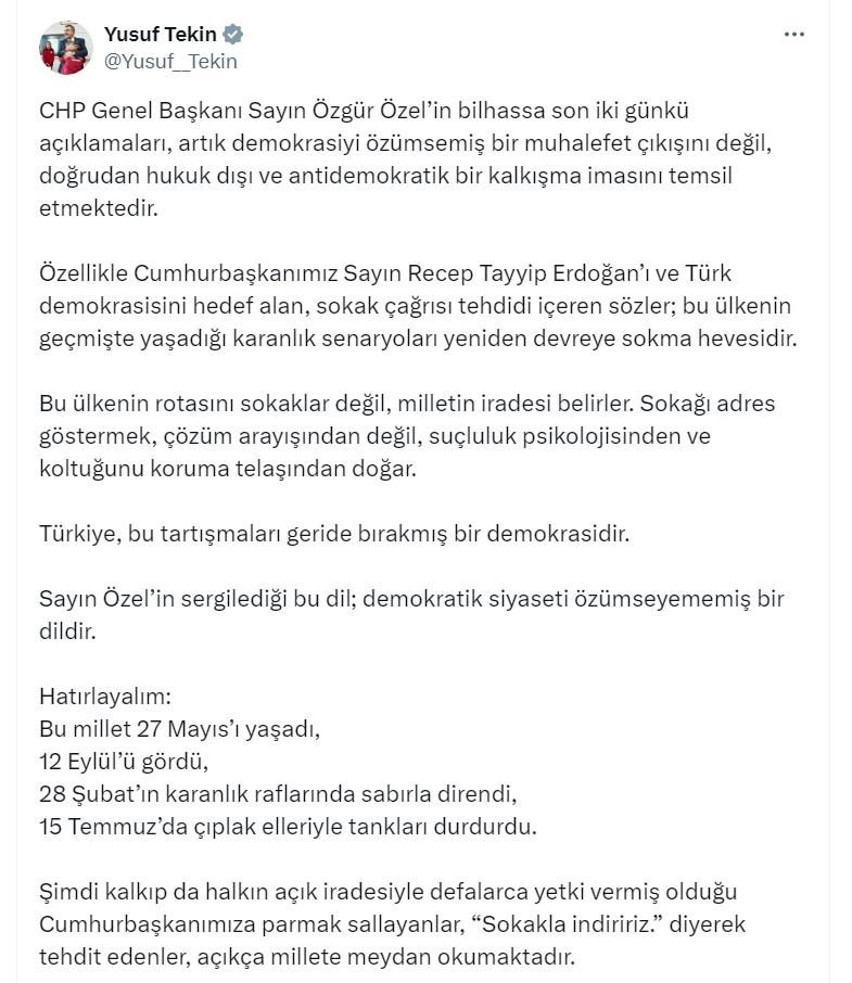 Bakan Tekin’den Özgür Özel’e Sert Tepki: ‘Demokrasi Düşmanlığı ve Hukuk Dışı Kalkışma İması’