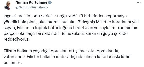 TBMM Başkanı Kurtulmuş: İsrail’in Kudüs Planını En Güçlü Şekilde Reddediyoruz