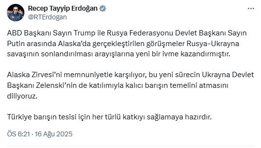 Cumhurbaşkanı Erdoğan, Alaska Zirvesi'nin
