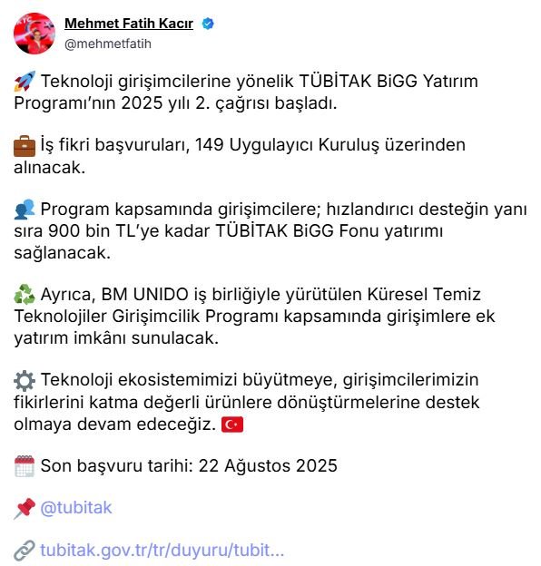 Sanayi ve Teknoloji Bakanı Kacır: TÜBİTAK BiGG Yatırım Programı’nın 2. Çağrısı Başladı
