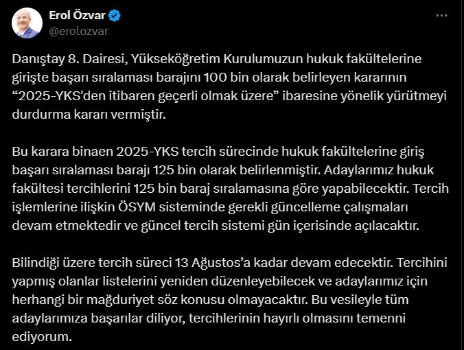 YÖK Başkanı Özvar: Hukuk Fakültelerine Girişte 125 Bin Barajı Uygulanacak