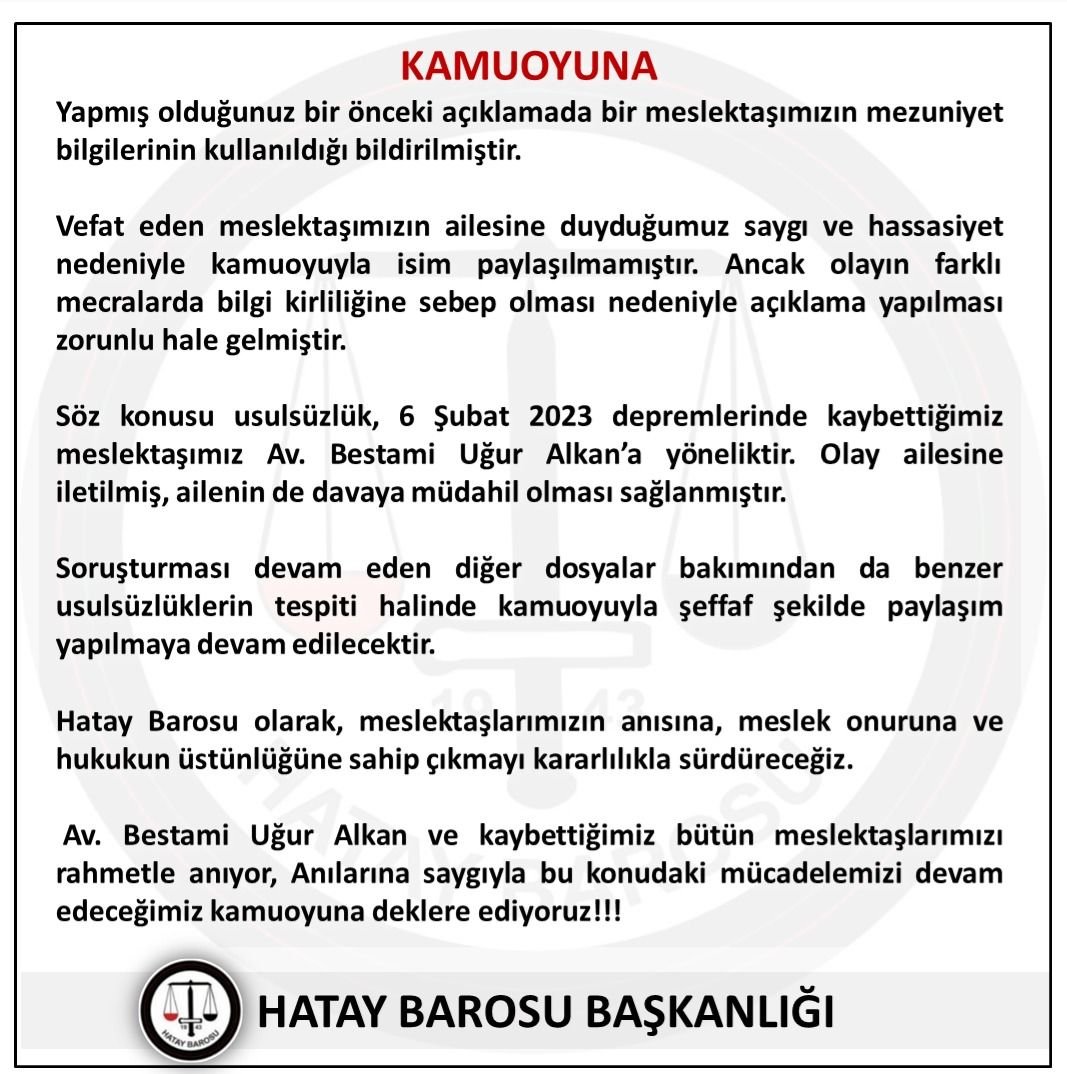 Hatay Barosu, depremde hayatını