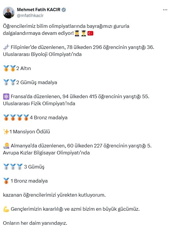 Bakan Kacır, Uluslararası Bilim Olimpiyatlarında Madalya Kazanan Öğrencileri Tebrik Etti