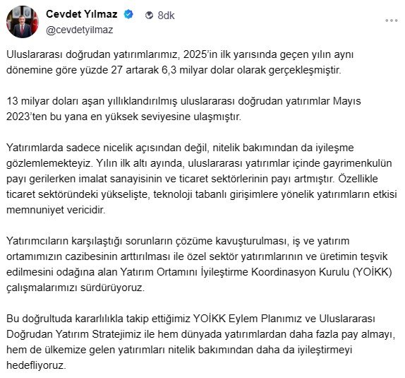 Cevdet Yılmaz: Uluslararası Doğrudan Yatırımlarda Yüzde 27’lik Artış Yaşandı