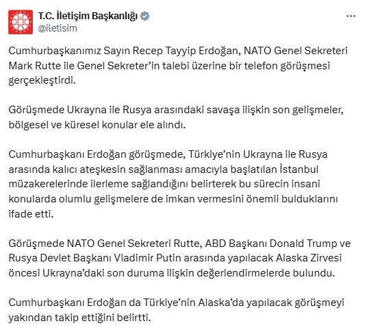 Cumhurbaşkanı Erdoğan, NATO Genel Sekreteri Rutte ile Ukrayna-Rusya Savaşını Görüştü