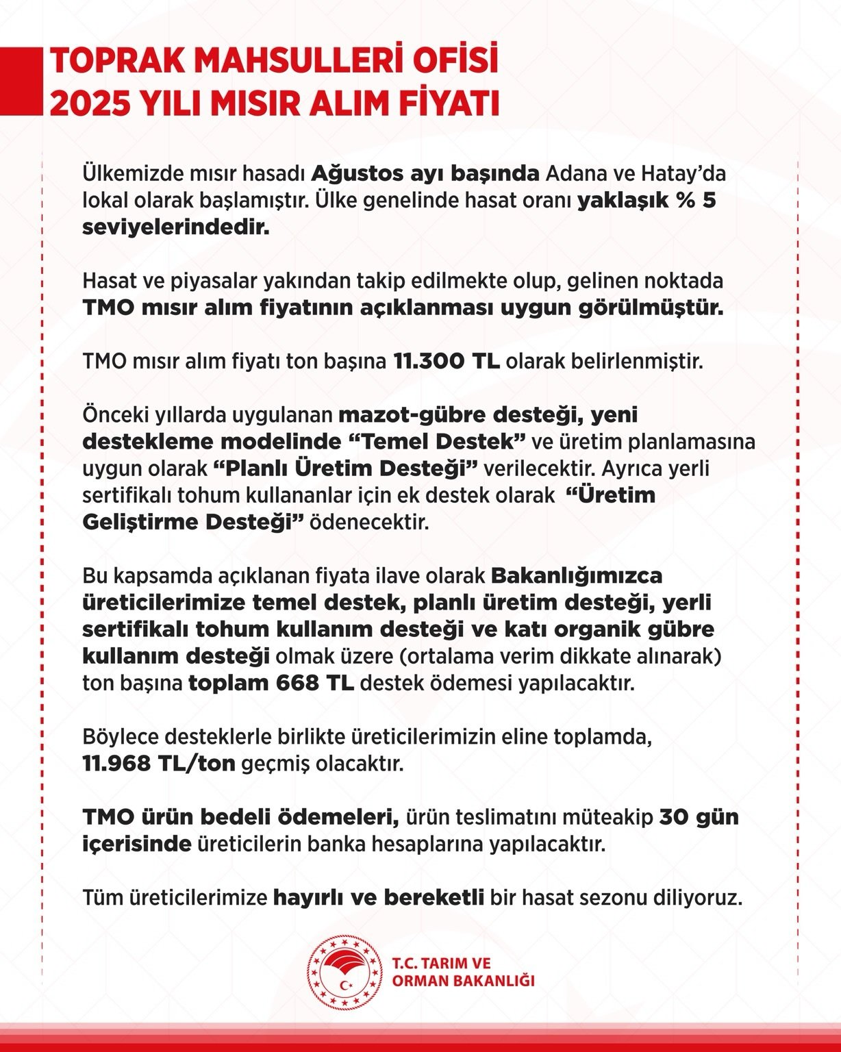 TMO 2025 Yılı Mısır Alım Fiyatı Açıklandı: Ton Başına 11 Bin 300 TL