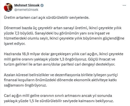 Bakan Şimşek: Cari Açık Yıl Sonunda Yüzde 1,5 Seviyesinde Kalacak