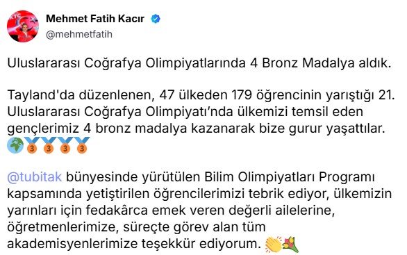 Sanayi ve Teknoloji Bakanı Kacır, Uluslararası Coğrafya Olimpiyatı’nda Madalya Kazanan Öğrencileri Tebrik Etti