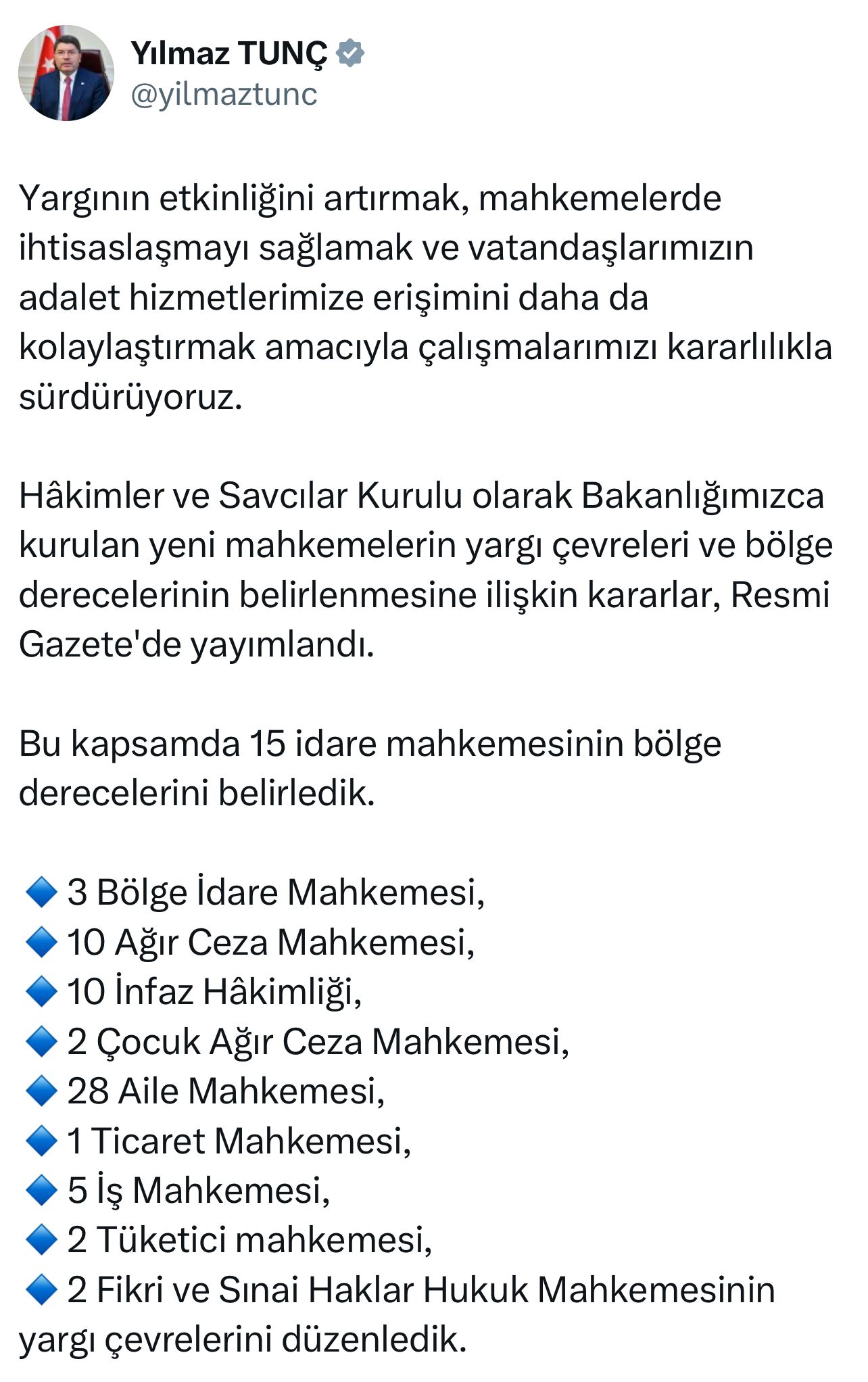 Adalet Bakanı Tunç: 15 İdare Mahkemesinin Bölge Derecelerini Belirledik