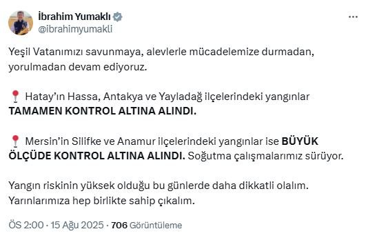 Bakan Yumaklı: Hatay ve Mersin’deki Yangınlar Kontrol Altında