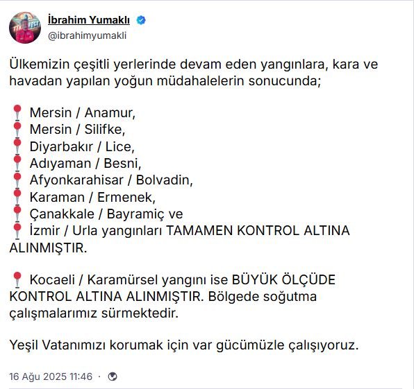 Bakan Yumaklı: 8 İldeki Orman Yangınları Kontrol Altına Alındı