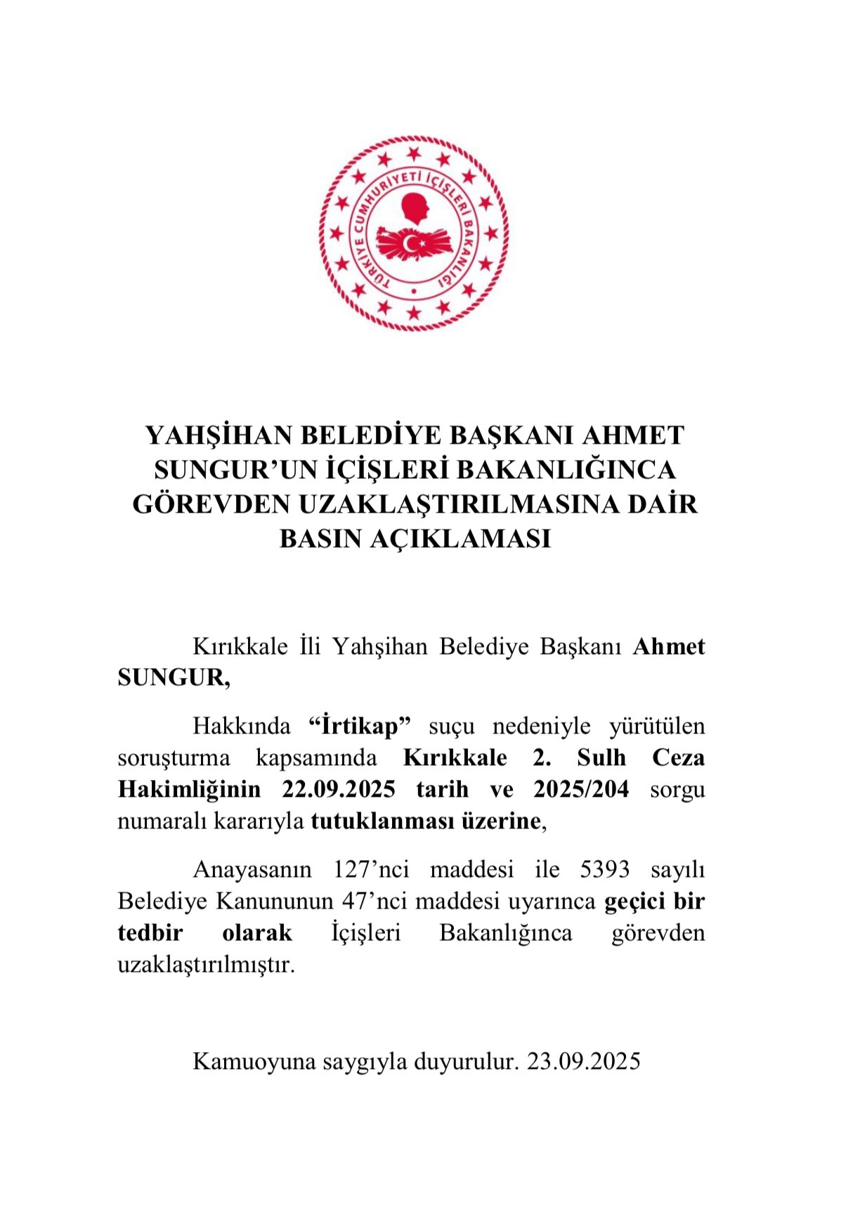 İçişleri Bakanlığı, irtikap suçundan