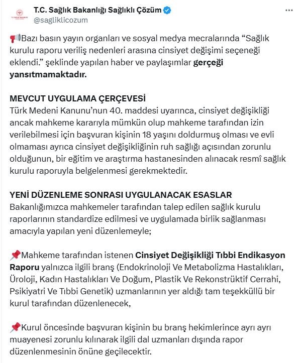 Sağlık Bakanlığı, cinsiyet değişikliği