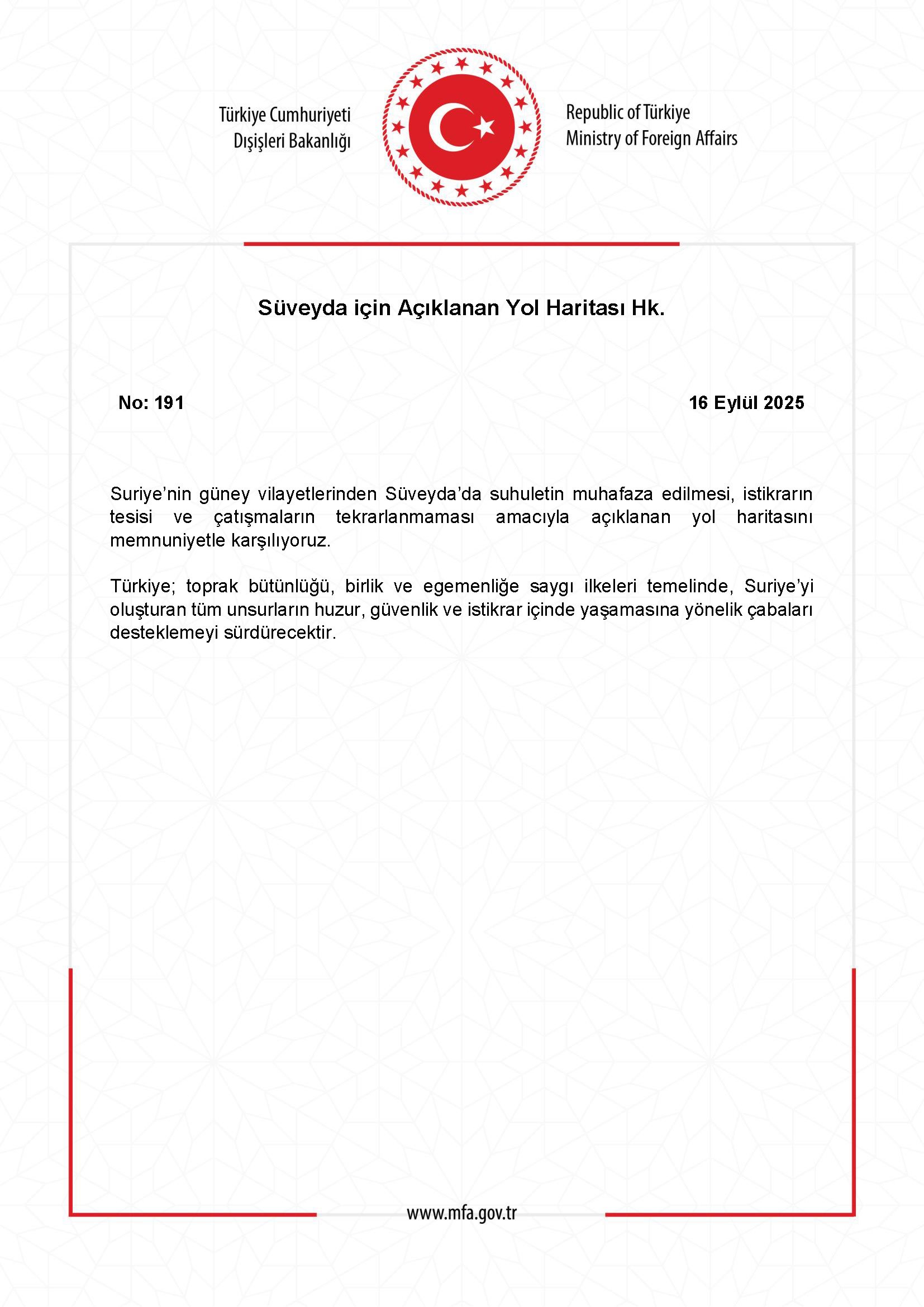 Dışişleri Bakanlığı, Suriye'nin Süveyda