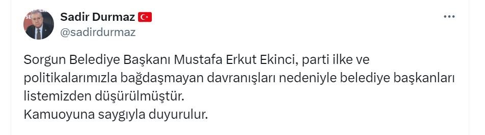 MHP’den Sorgun Belediye Başkanı’na Ağır Yaptırım: Parti Listesinden Düşürüldü