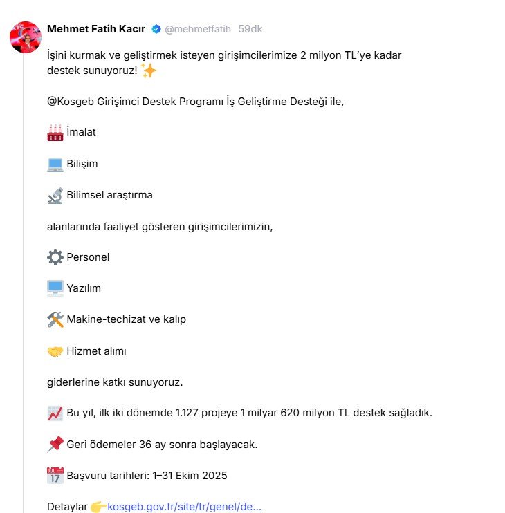 Sanayi ve Teknoloji Bakanı Kacır: Girişimcilere 2 Milyon TL’ye Kadar Destek Müjdesi!