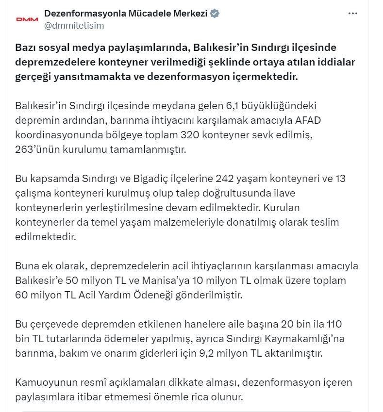 İletişim Başkanlığı, Balıkesir'de depremzedelere