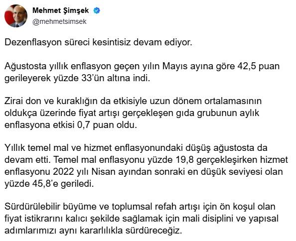 Bakan Şimşek’ten Enflasyon Açıklaması: Mali Disiplin ve Yapısal Reformlar Kararlılıkla Sürdürülecek