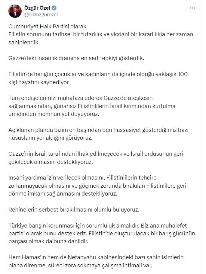 Özgür Özel’den Kritik Açıklama: Türkiye Filistin’de Barış Gücüne Katılmalı