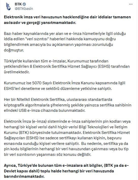 BTK, elektronik imza veri