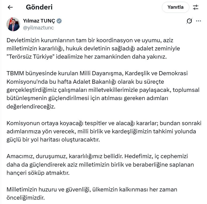 Bakan Tunç’tan Kritik Terör Açıklaması: Terörsüz Türkiye İdealimize Her Zamankinden Daha Yakınız Adalet Bakanı Yılmaz Tunç,