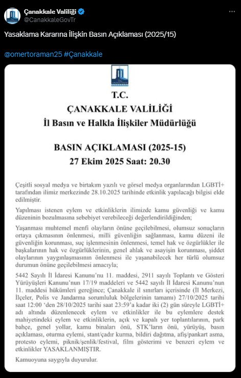 Çanakkale Valiliği’nden Sert Karar: LGBTİ+ Etkinlikleri İki Günlüğüne Yasaklandı! Çanakkale Valiliği, kentte planlanan