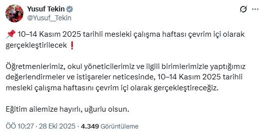 Milli Eğitim Bakanı Tekin’den Önemli Karar: Mesleki Çalışma Haftası Çevrim İçi Olacak!
