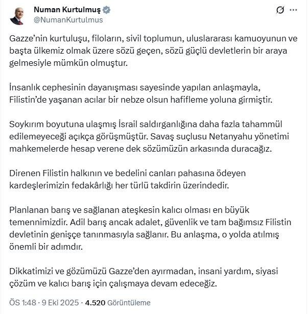 TBMM Başkanı Kurtulmuş’tan Tarihi Açıklama: Gazze Ateşkesi Kalıcı Olmalı