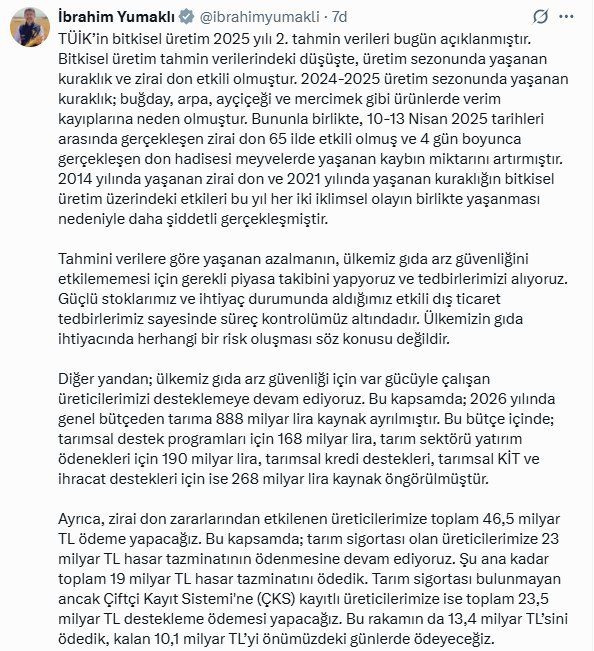 Bakan Yumaklı’dan Kritik Açıklama: ‘Gıda İhtiyacında Risk Yok’ Tarım ve Orman Bakanı