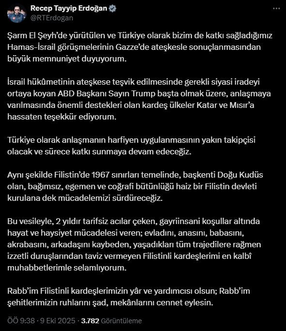 Cumhurbaşkanı Erdoğan, Gazze'de sağlanan