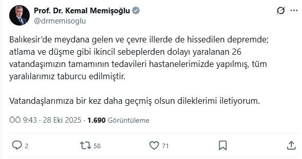 Sağlık Bakanı Memişoğlu: Balıkesir Depreminde Yaralanan 26 Kişi Taburcu Edildi