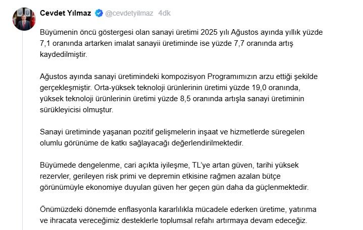 Cevdet Yılmaz’tan Sanayi Üretiminde Rekor Artış Açıklaması: Yüksek Teknoloji Ürünleri Patladı!
